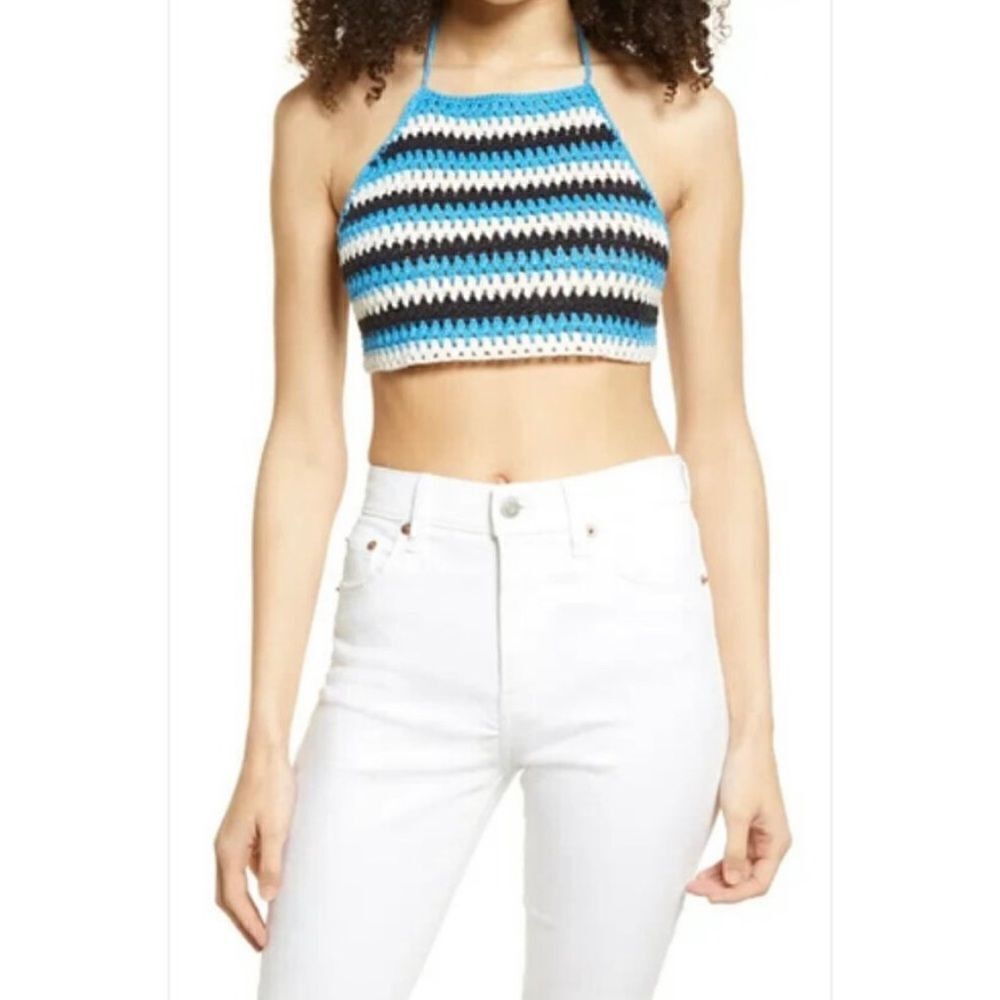 BP Nordstrom crochet halter cropped top in blue black ziggy stripe size S NWT